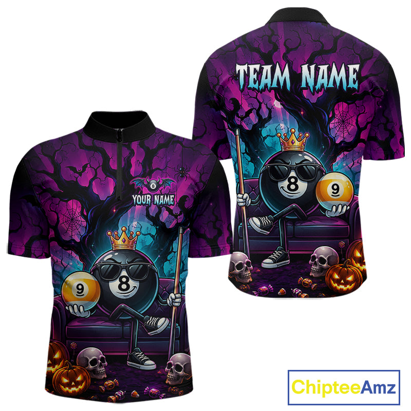 Custom Halloween Pool Billiard Shirt For Men, Cool Crown 8 Ball & 9 Ball Halloween Billiard Team Jersey NYN4247