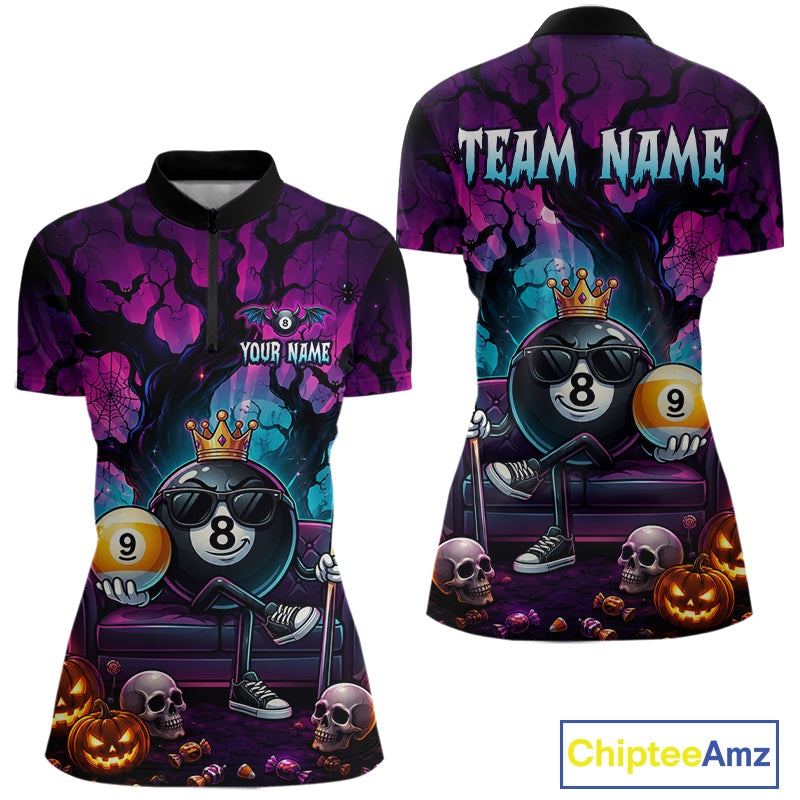 Custom Halloween Pool Billiard Shirt For Women, Cool Crown 8 Ball & 9 Ball Halloween Billiard Team Jersey NYN4247
