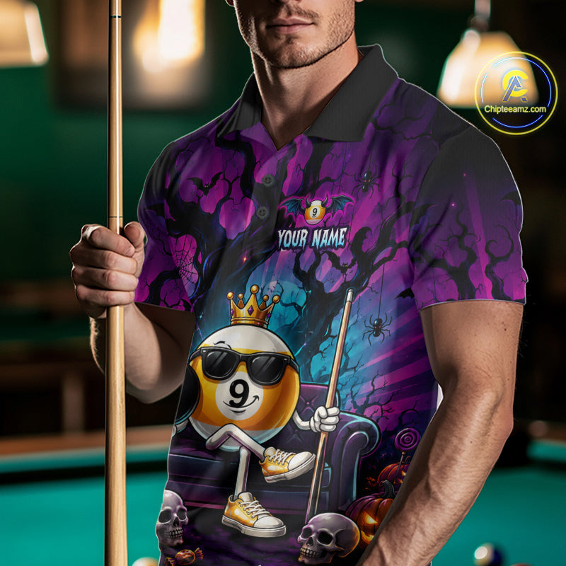 Custom Halloween Pool Billiard Shirt For Men, Cool Crown 9 Ball & 8 Ball Halloween Billiard Team Jersey NYN4248