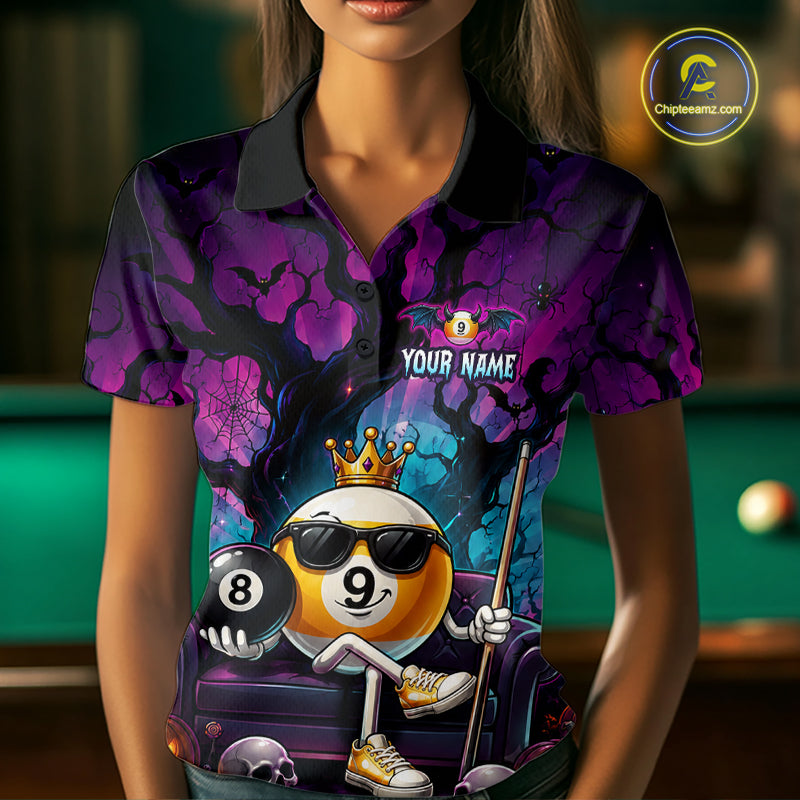 Custom Halloween Pool Billiard Shirt For Women, Cool Crown 9 Ball & 8 Ball Halloween Billiard Team Jersey NYN4248