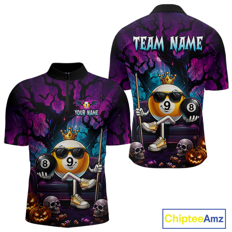 Custom Halloween Pool Billiard Shirt For Men, Cool Crown 9 Ball & 8 Ball Halloween Billiard Team Jersey NYN4248