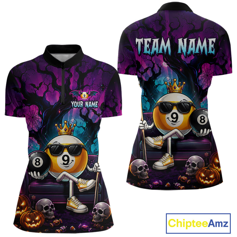 Custom Halloween Pool Billiard Shirt For Women, Cool Crown 9 Ball & 8 Ball Halloween Billiard Team Jersey NYN4248