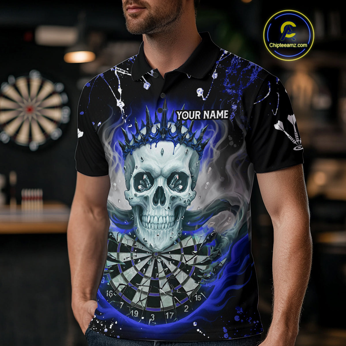 Grey Blue Smoke Crown Skull Dartboard Custom Mens Polo Dart Shirt Splatter Dart Jerseys NYN1774