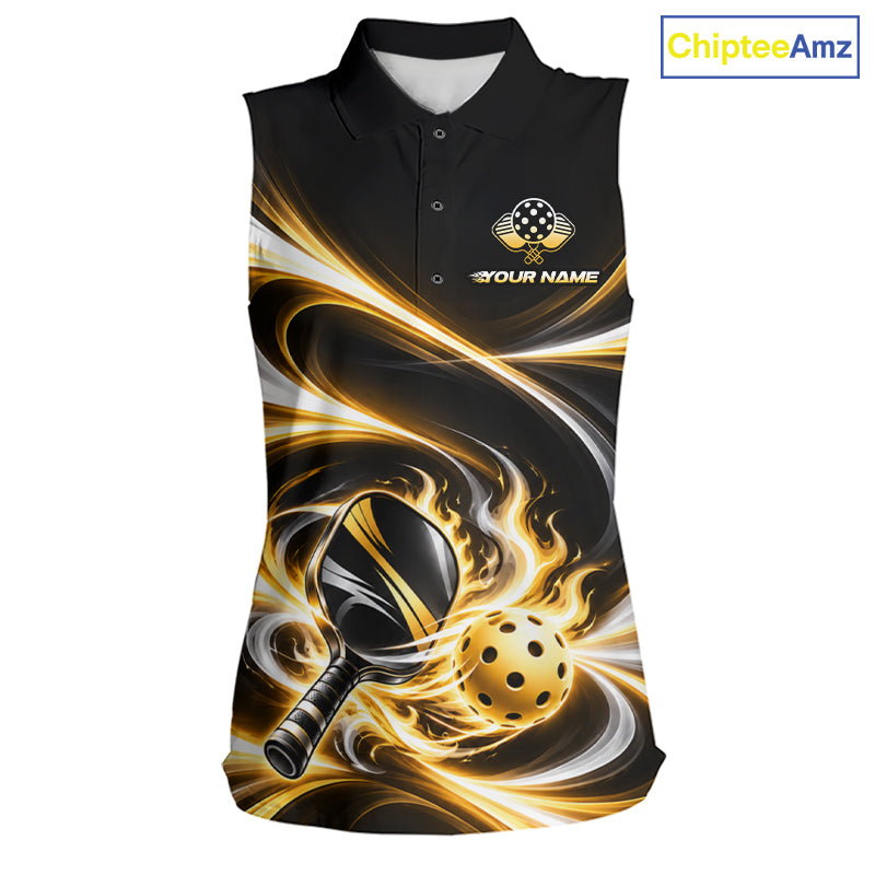Custom Flaming Gold White Swirl Women Pickleball Sleeveless Polo Shirt Personalized Flame Pickleball Jersey NYN5002
