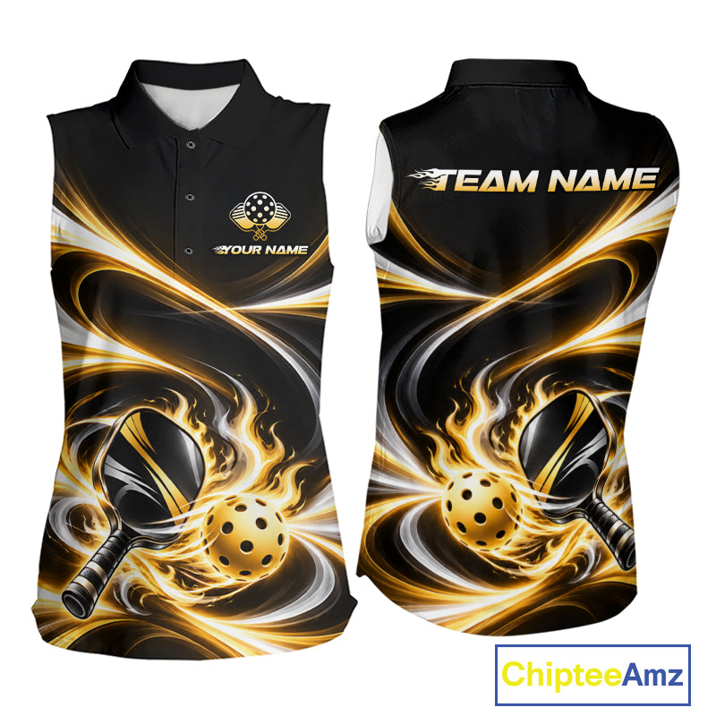 Custom Flaming Gold White Swirl Women Pickleball Sleeveless Polo Shirt Personalized Flame Pickleball Jersey NYN5002