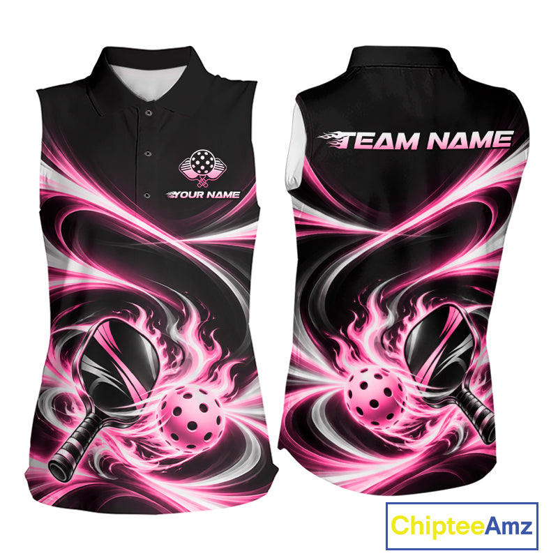 Custom Flaming Pink White Swirl Women Pickleball Sleeveless Polo Shirt Personalized Flame Pickleball Jersey NYN5003