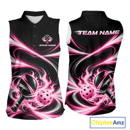 Custom Flaming Pink White Swirl Women Pickleball Sleeveless Polo Shirt Personalized Flame Pickleball Jersey NYN5003