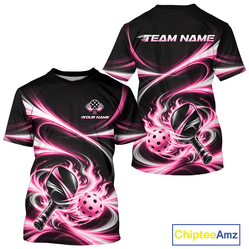 Custom Flaming Pink White Swirl Men Pickleball Shirt Personalized Flame Pickleball Team Jersey NYN5003