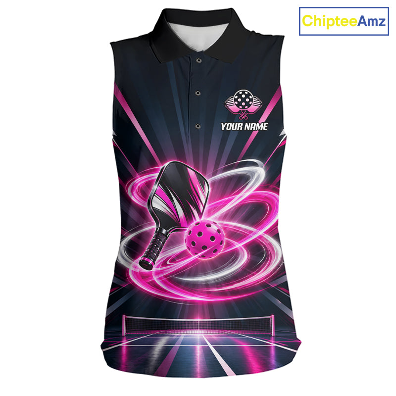Custom Pink Lightning Pickleball Jersey For Women Personalized Pickleball Paddle Pickleball Sleeveless Polo Shirt NYN5005