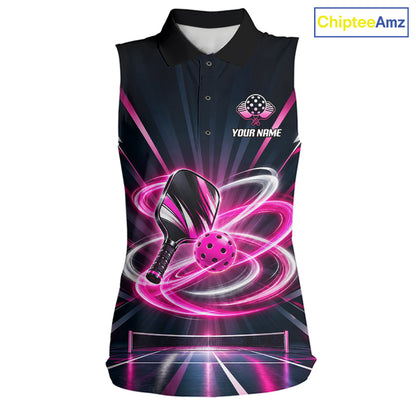 Custom Pink Lightning Pickleball Jersey For Women Personalized Pickleball Paddle Pickleball Sleeveless Polo Shirt NYN5005