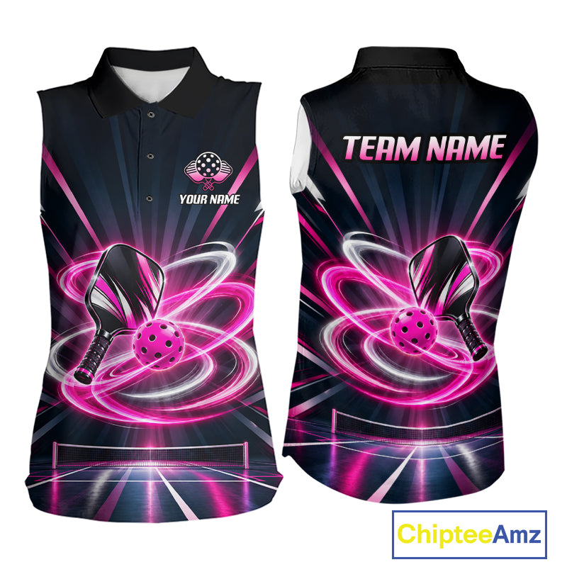 Custom Pink Lightning Pickleball Jersey For Women Personalized Pickleball Paddle Pickleball Sleeveless Polo Shirt NYN5005