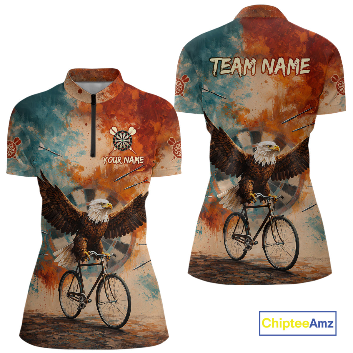 Blue & Orange Watercolor Funny Eagle Dartboard Women Dart Quarter-Zip Shirts Custom Dart Team Jerseys NYN2728