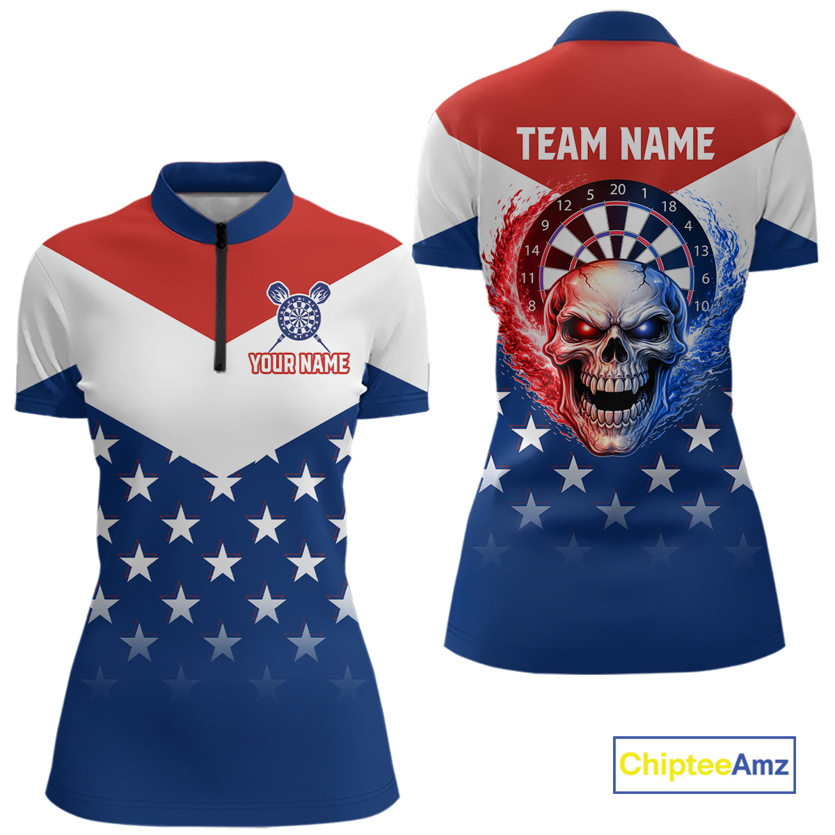 Blue And Red Dartboard Patriotic Dart Quarter-Zip Shirts For Women Custom Dart Team Jerseys NYN2729