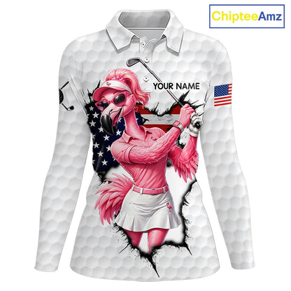 Personalized Funny Flamingo Ladies Golf White Womens Patriot Golf Polo Shirts Custom US Flag Golf Gifts NYN3149