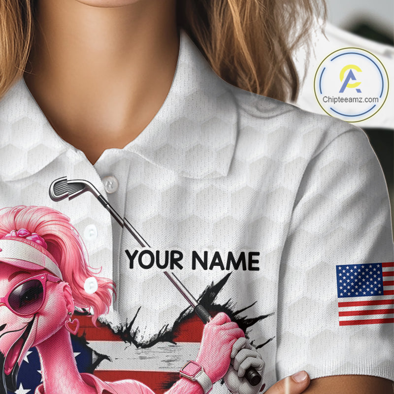 Personalized Funny Flamingo Ladies Golf White Womens Patriot Golf Polo Shirts Custom US Flag Golf Gifts NYN3149
