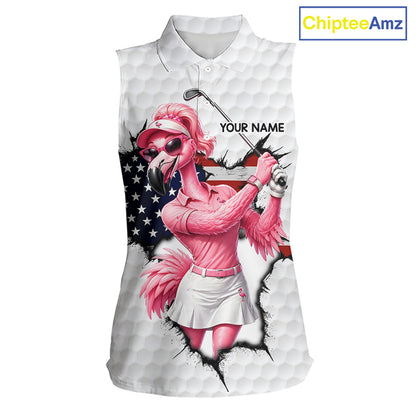 Funny Flamingo Ladies Golf White Womens Patriot Golf Sleeveless Polo Shirts Custom US Flag Golf Gifts NYN3149
