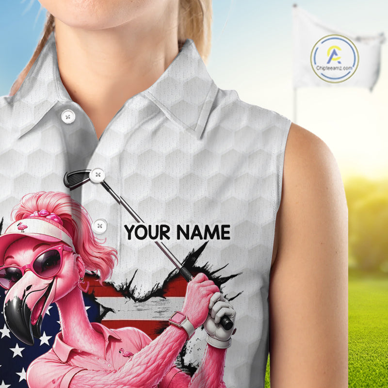Funny Flamingo Ladies Golf White Womens Patriot Golf Sleeveless Polo Shirts Custom US Flag Golf Gifts NYN3149
