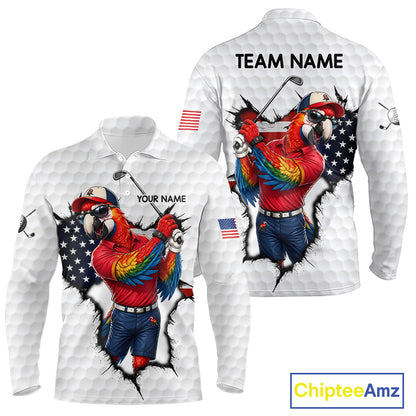 Custom Funny Cool Parrot White Golf Ball Mens Patriot Golf Polo Shirts Custom US Flag Golf Gifts NYN3150