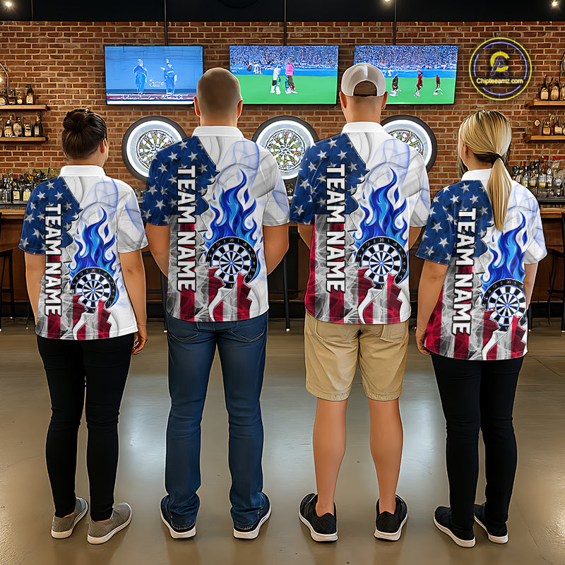 Blue Flaming Dartboard Custom US Flag Smoke Women Dart Polo & 1/4-Zip Shirt Gifts For Dart Players NYN3339
