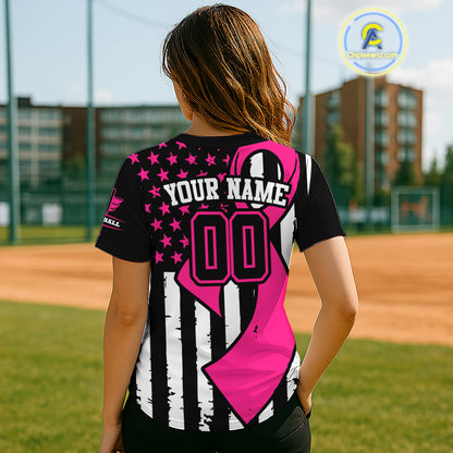 Personalized Pink Ribbon Patriotic Baseball Jersey For Women USA Flag Youth Baseball Shirt NYN0834
