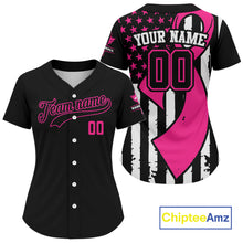 Load image into Gallery viewer, Personalized Pink Ribbon Patriotic Baseball Jersey For Women USA Flag Youth Baseball Shirt NYN0834