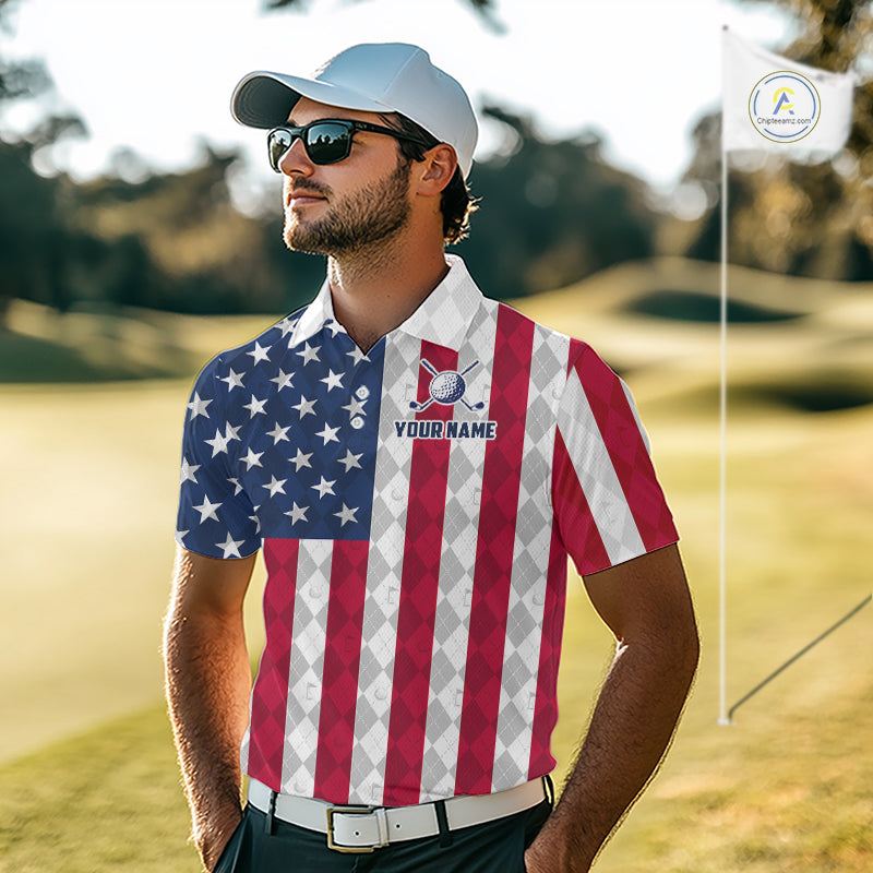 USA Flag Golf Polo Shirt For Men Personalized Navy Argyle Golf Jersey Golf Team Apparel NYN5017