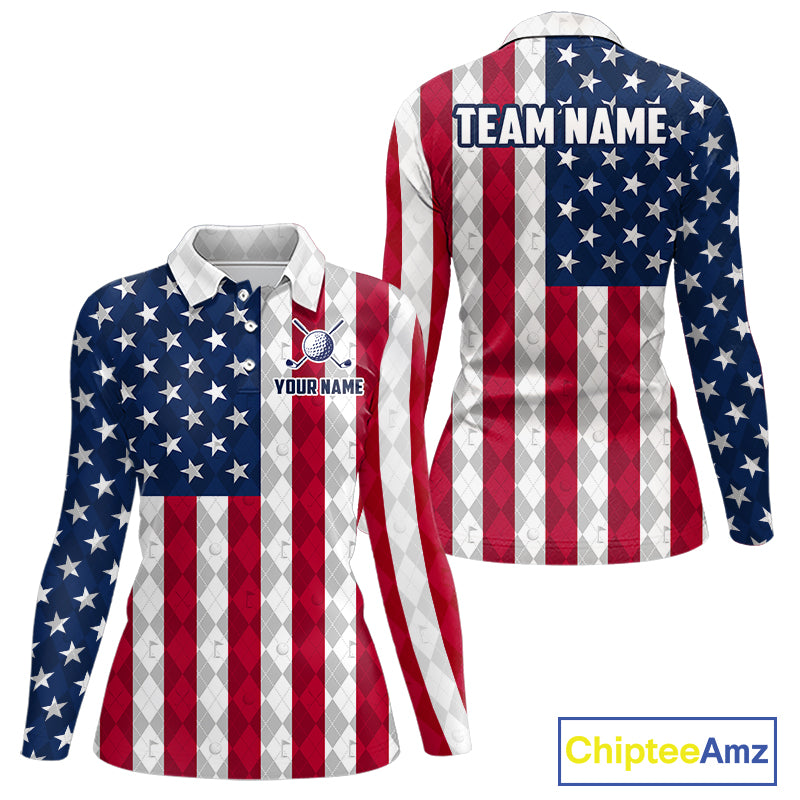 USA Flag Golf Polo Shirt For Women Personalized Navy Argyle Golf Jersey Golf Team Apparel NYN5017