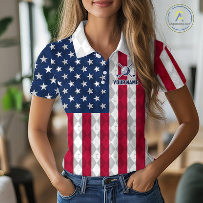 USA Flag Golf Polo Shirt For Women Personalized Navy Argyle Golf Jersey Golf Team Apparel NYN5017