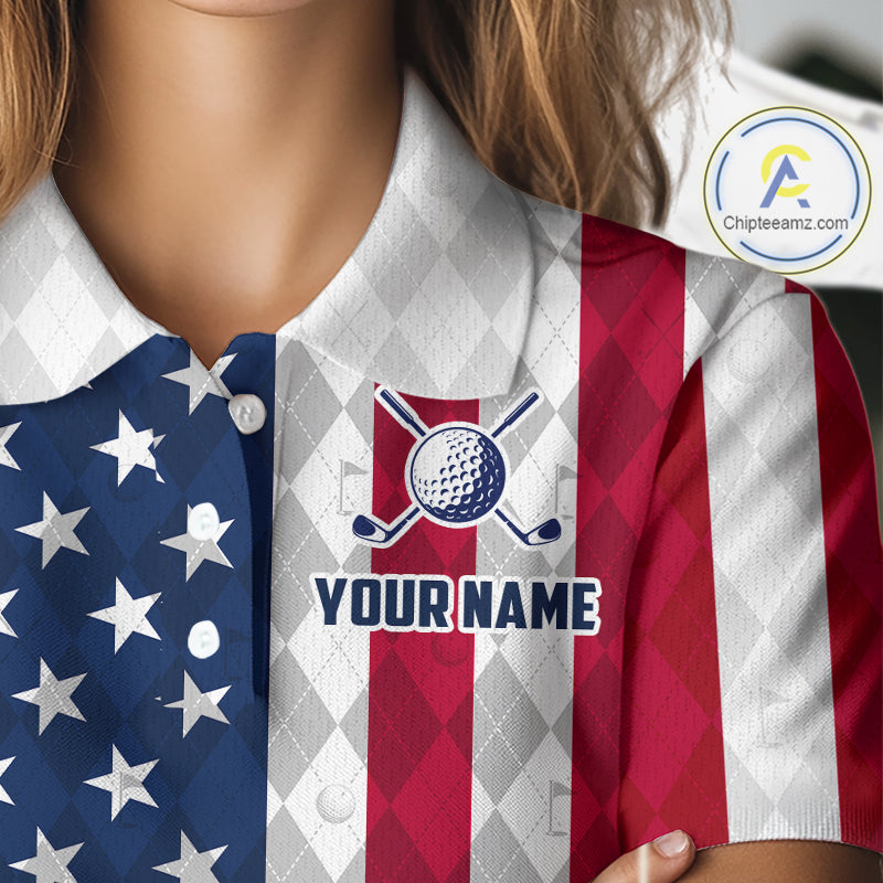 USA Flag Golf Polo Shirt For Women Personalized Navy Argyle Golf Jersey Golf Team Apparel NYN5017