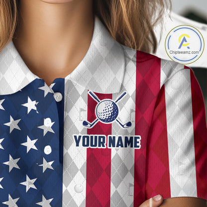 USA Flag Golf Polo Shirt For Women Personalized Navy Argyle Golf Jersey Golf Team Apparel NYN5017