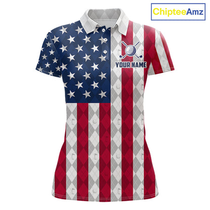 USA Flag Golf Polo Shirt For Women Personalized Navy Argyle Golf Jersey Golf Team Apparel NYN5017