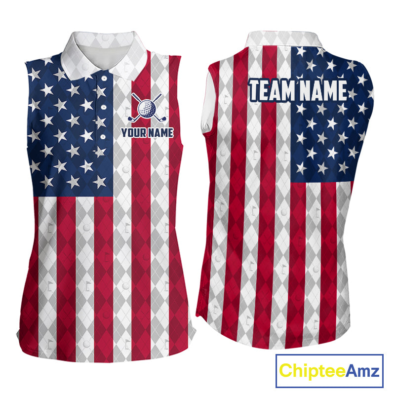 USA Flag Golf Sleeveless Polo Shirt For Women Personalized Navy Argyle Golf Jersey Golf Apparel NYN5017