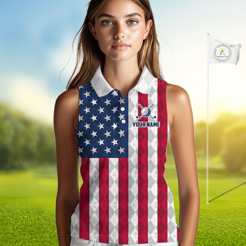 USA Flag Golf Sleeveless Polo Shirt For Women Personalized Navy Argyle Golf Jersey Golf Apparel NYN5017