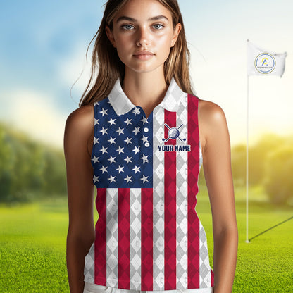 USA Flag Golf Sleeveless Polo Shirt For Women Personalized Navy Argyle Golf Jersey Golf Apparel NYN5017