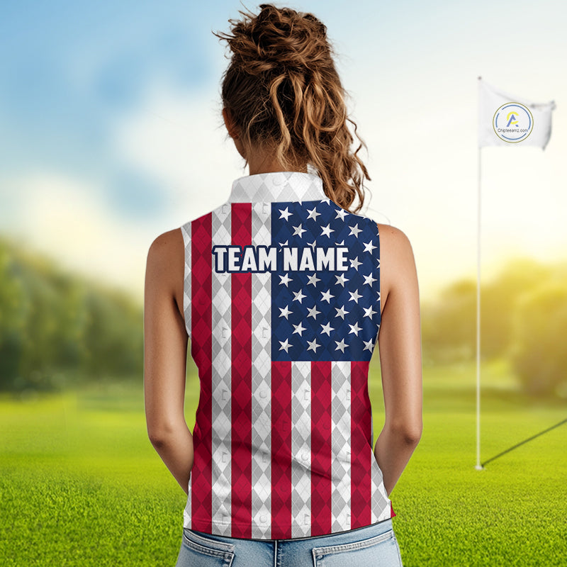 USA Flag Golf Sleeveless Polo Shirt For Women Personalized Navy Argyle Golf Jersey Golf Apparel NYN5017