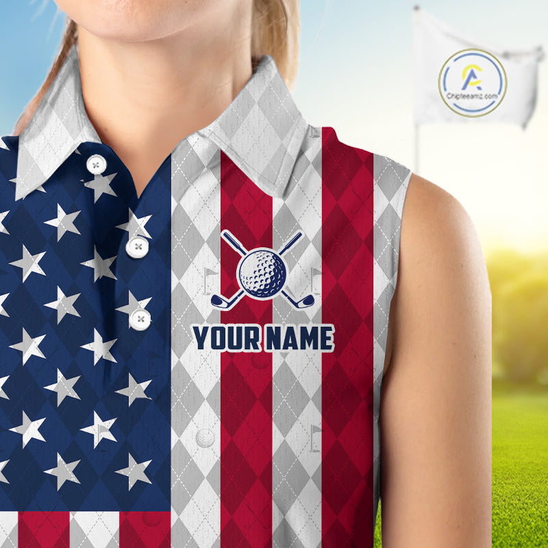 USA Flag Golf Sleeveless Polo Shirt For Women Personalized Navy Argyle Golf Jersey Golf Apparel NYN5017