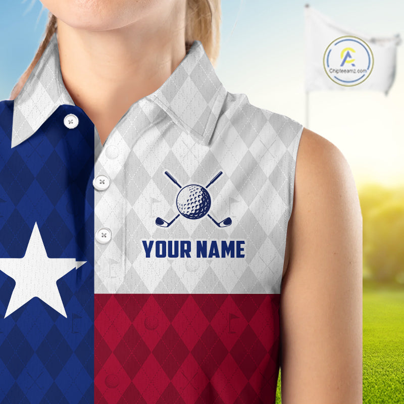 Texas Flag Golf Sleeveless Polo Shirt For Women Personalized Navy Argyle Golf Jersey Golf Apparel NYN5018