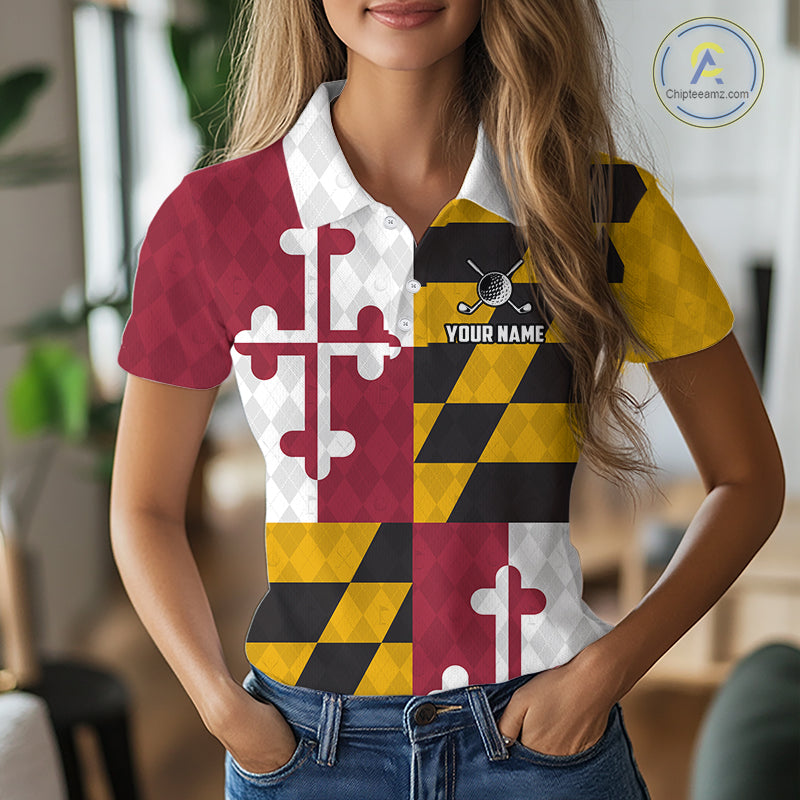 Maryland Flag Golf Polo Shirt For Women Personalized Navy Argyle Golf Jersey Golf Team Apparel NYN5019