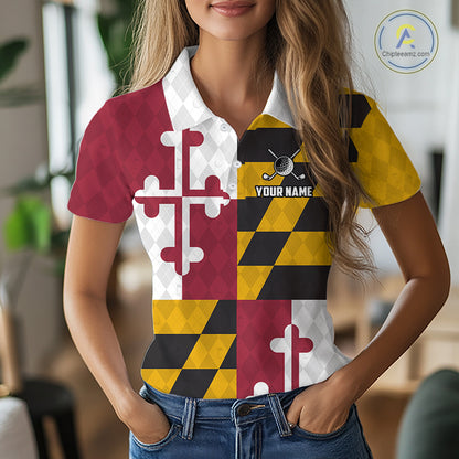 Maryland Flag Golf Polo Shirt For Women Personalized Navy Argyle Golf Jersey Golf Team Apparel NYN5019