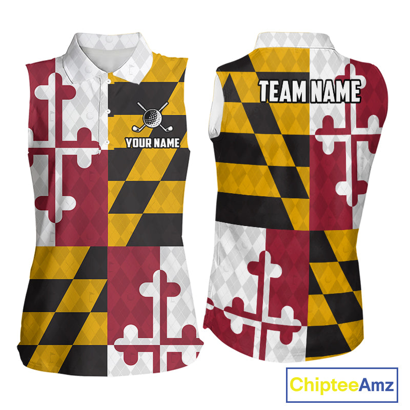 Maryland Flag Golf Sleeveless Polo Shirt For Women Personalized Navy Argyle Golf Jersey Golf Apparel NYN5019