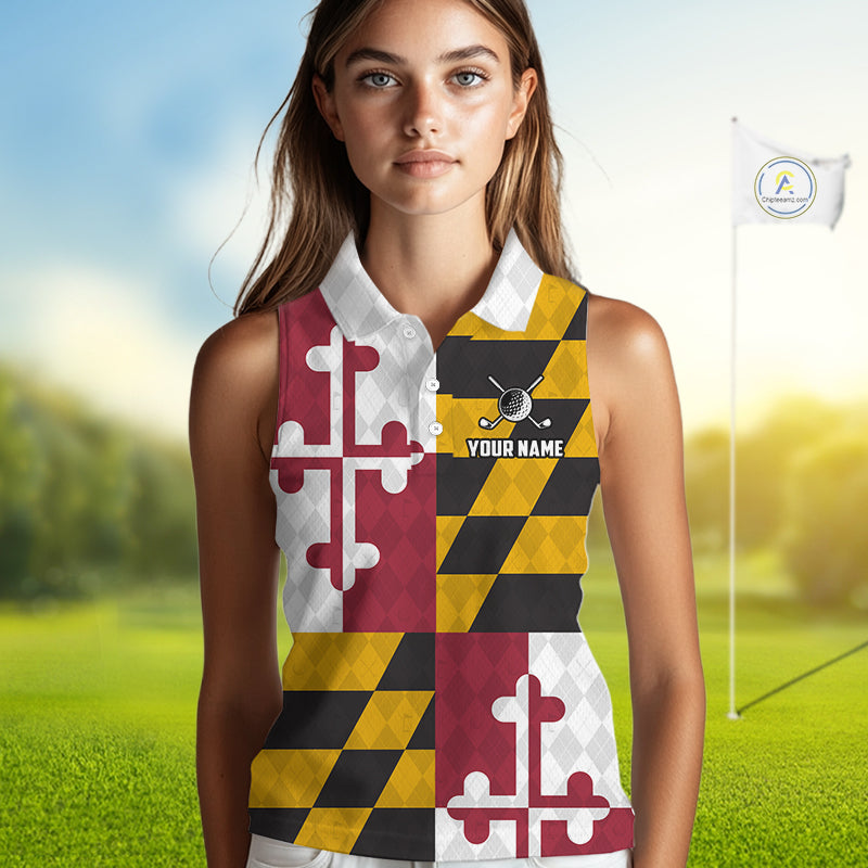 Maryland Flag Golf Sleeveless Polo Shirt For Women Personalized Navy Argyle Golf Jersey Golf Apparel NYN5019
