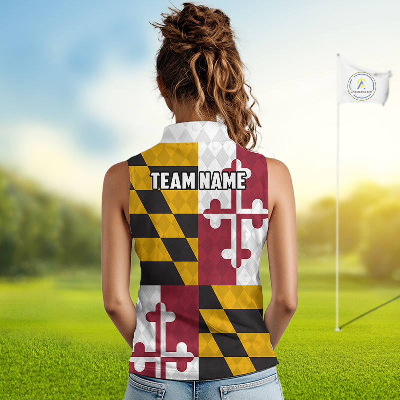 Maryland Flag Golf Sleeveless Polo Shirt For Women Personalized Navy Argyle Golf Jersey Golf Apparel NYN5019