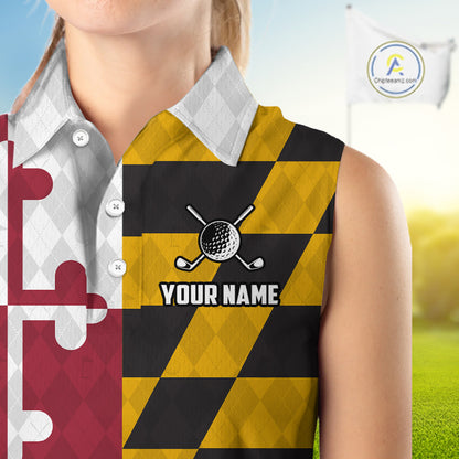 Maryland Flag Golf Sleeveless Polo Shirt For Women Personalized Navy Argyle Golf Jersey Golf Apparel NYN5019