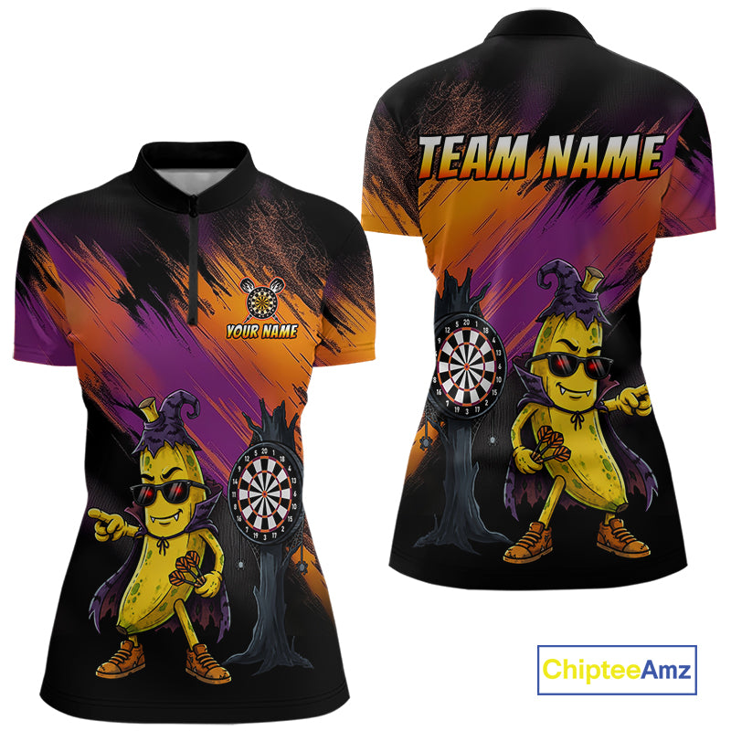 Personalized Halloween Banana Dart Shirt Funny Spooky Halloween Darts Polo 1/4-Zip Shirt For Women NYN4259