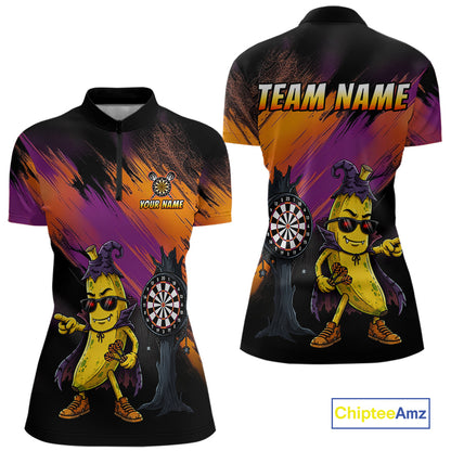 Personalized Halloween Banana Dart Shirt Funny Spooky Halloween Darts Polo 1/4-Zip Shirt For Women NYN4259