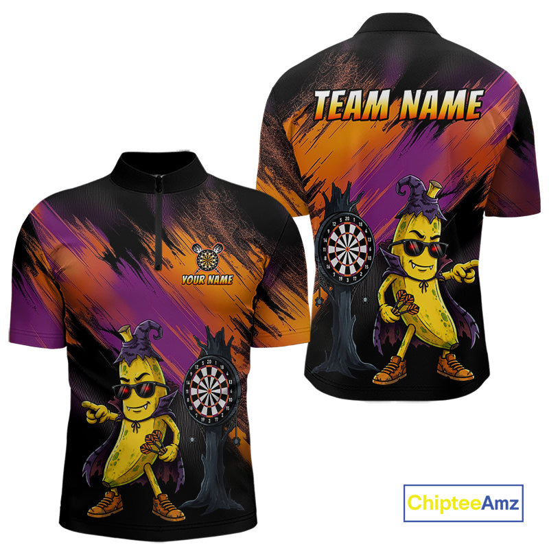 Personalized Halloween Banana Dart Shirt Funny Spooky Halloween Darts Polo 1/4-Zip Shirt For Men NYN4259