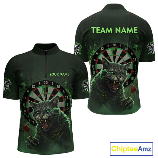 Funny Cat Green Dripping Dartboard Custom Men's Quarter-Zip Darts Shirt Outfits Darts Jersey NYN1801