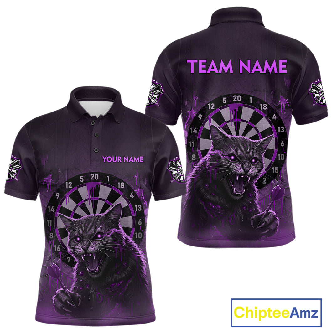 Funny Cat Purple Dripping Dartboard Custom Men's Polo Darts Shirt Outfits Darts Jersey NYN1802