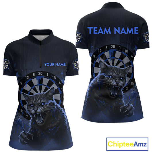Funny Cat Blue Dripping Dartboard Custom Women Quarter-Zip Darts Shirt Outfits Darts Jersey NYN1803