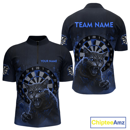 Funny Cat Blue Dripping Dartboard Custom Men's Quarter-Zip Darts Shirt Outfits Darts Jersey NYN1803